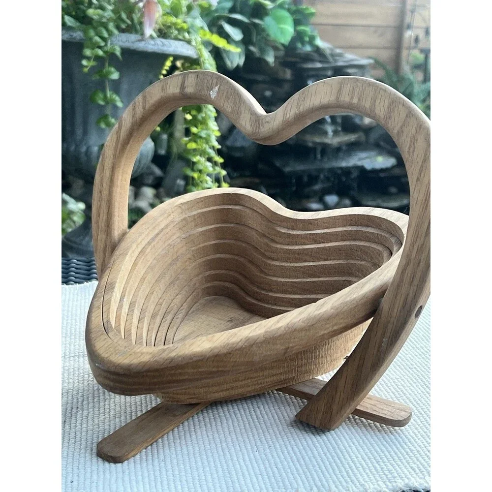 Vintage Handmade Heart Shaped Wooden Collapsible Basket With Handle Or Trivet